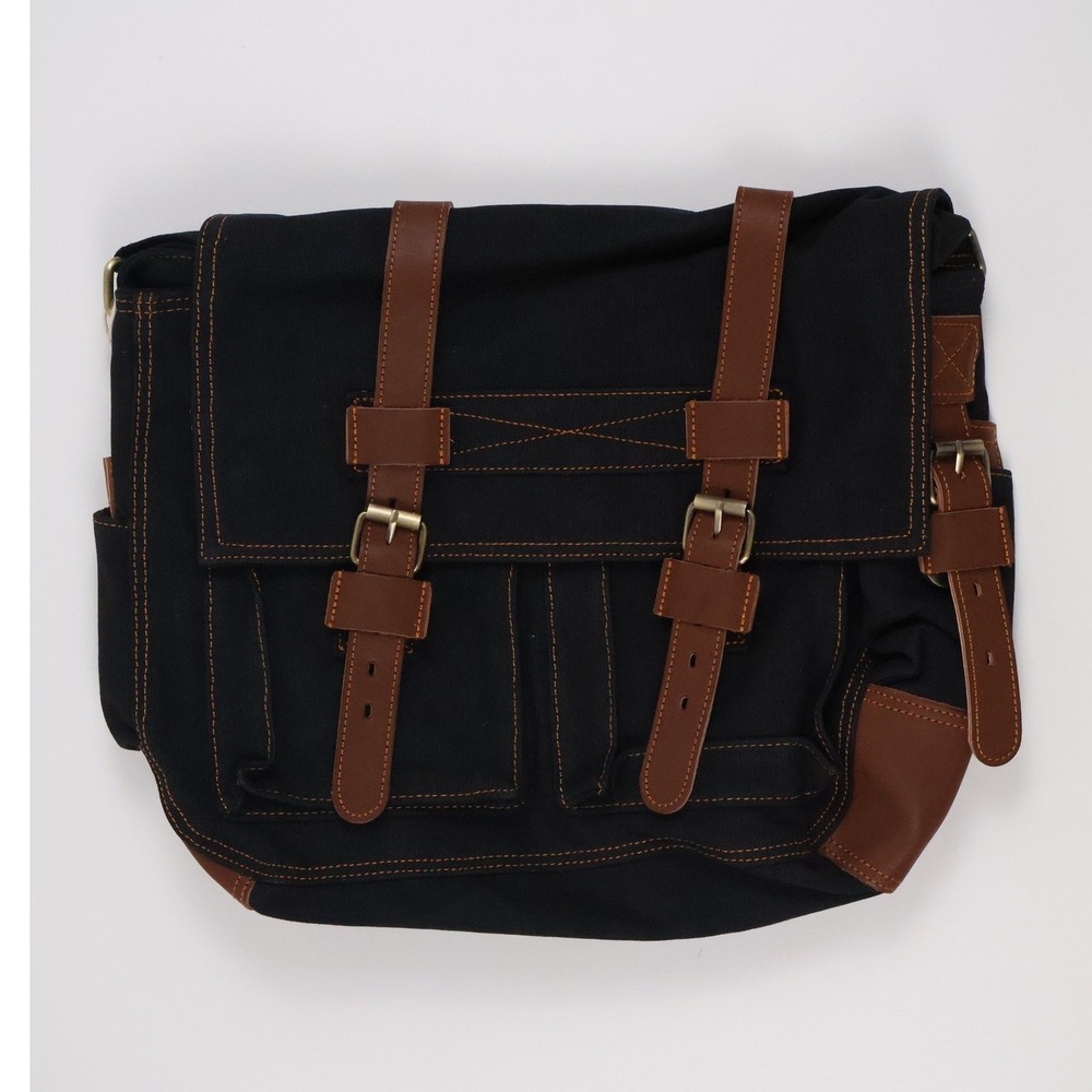 Kaukko Messenger Bag Laptop Sleeve Black Canvas Brown Straps NWT